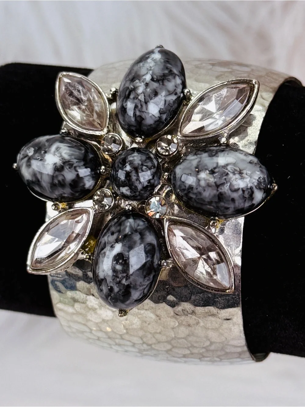 Vintage aged, Silvertone oxidized, colored accent, large cuff, runway bracelet